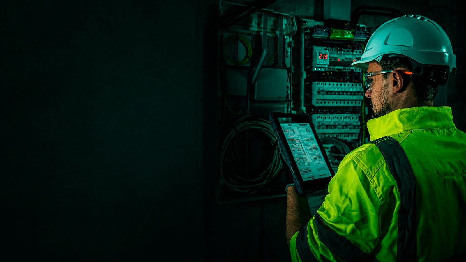 Técnico da Trimon com capacete e tablet analisando um quadro elétrico